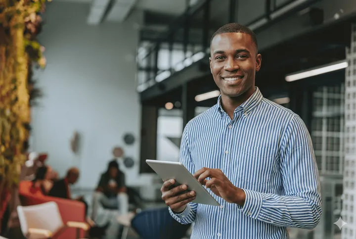 Homem sorrindo usando tablet para emitir nota fiscal
